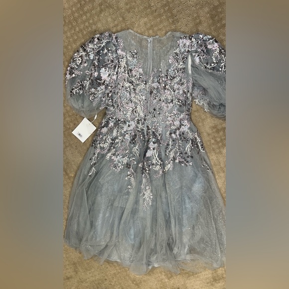 Mac Duggal 20475 Gray Puff Sleeve Glitter Embellished Dress - Picture 11 of 12